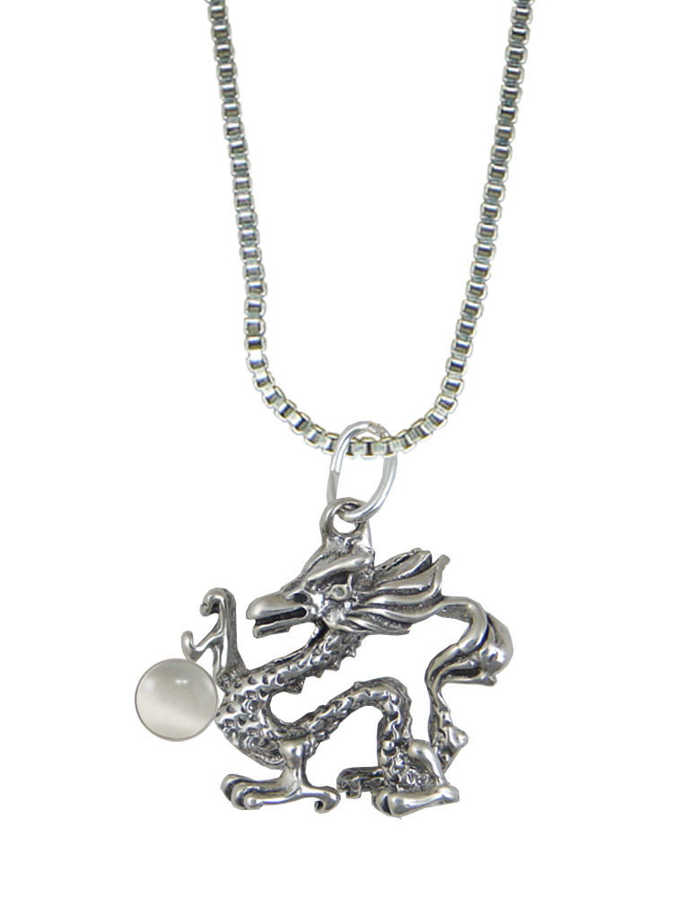 Sterling Silver Oriental Dragon Pendant With White Moonstone